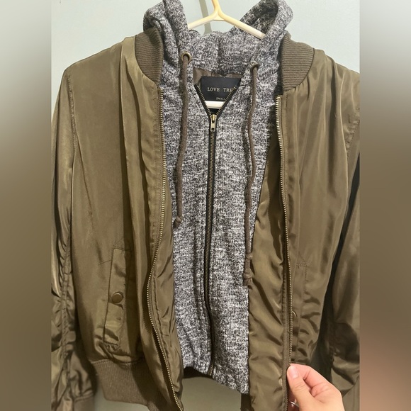 Love Tree Olive Bomber Jacket with Knit Hood- Size Small - Picture 3 of 10